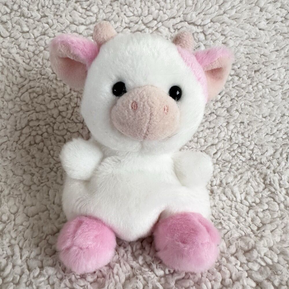 Palm Pals Aurora World Pink and White Cow Plush Stuffed Animal 5" Toy